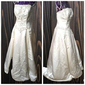 Jasmine Couture Satin Strapless Beaded Ball Gown Chapel Train Wedding Dress Gown